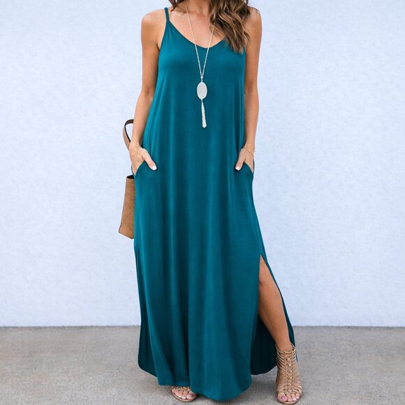 Grecerelle Dresses & Skirts - NWT Grecerelle Teal Turquoise Maxi Dress L Slit Pockets Boho Sleeveless Resort